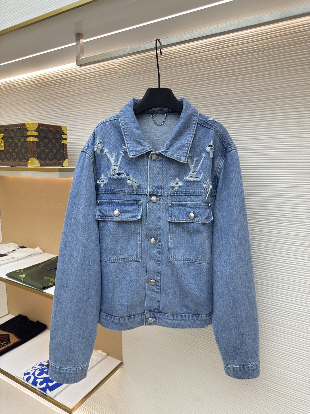 LV Denim Trucker Jacket in indigo cotton with torn-effect Monogram details on the front and back yoke