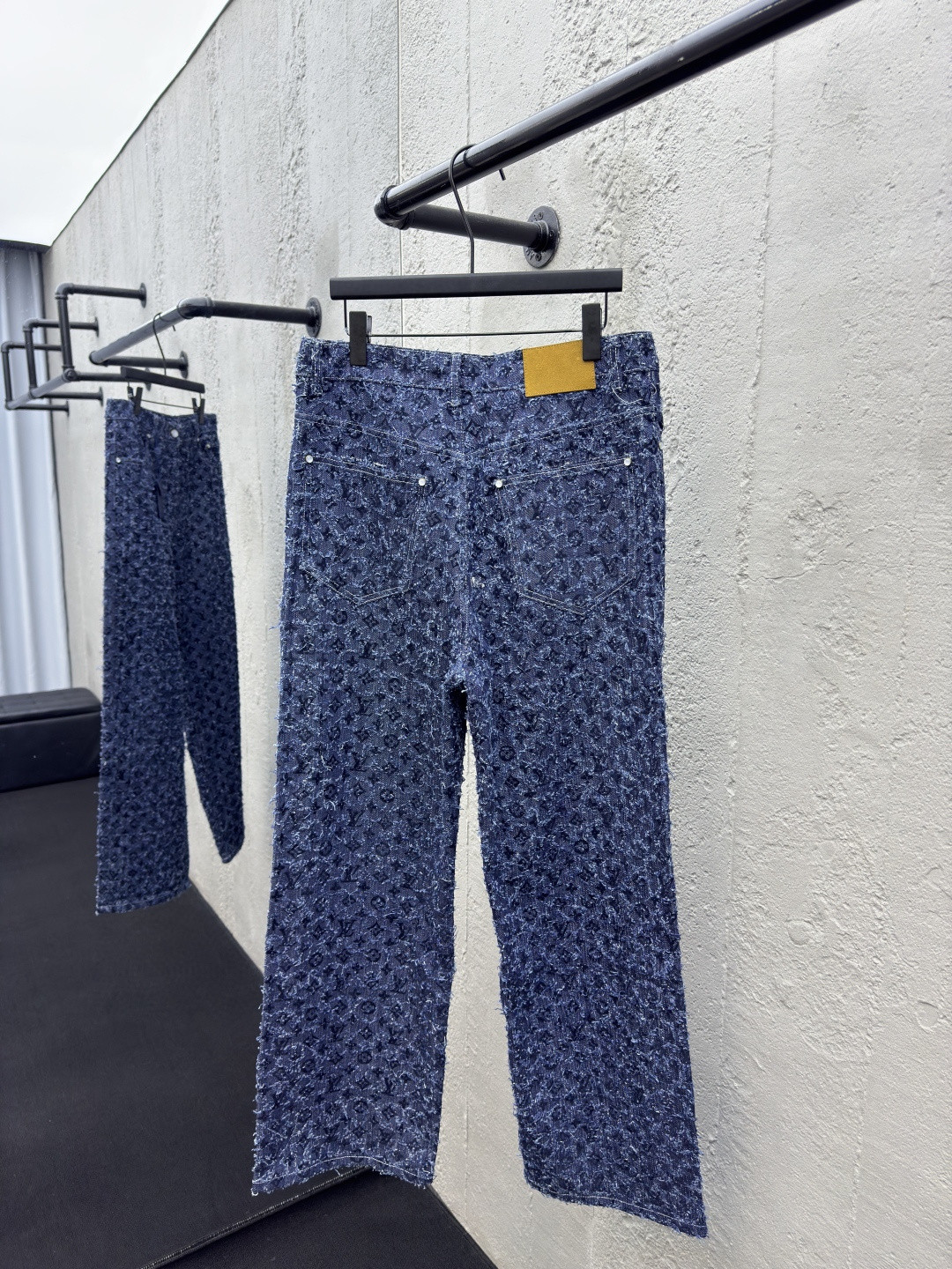 LV Flocked Monogram Denim Skate Pants in indigo cotton