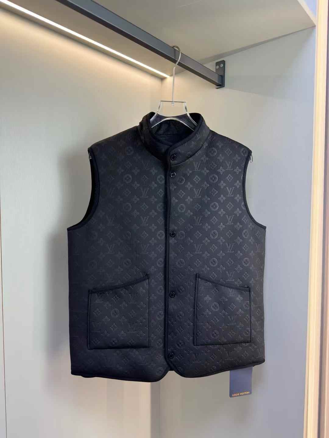 LV Monogram Padded Vest in black technical fabric with a quilted allover Monogram motif