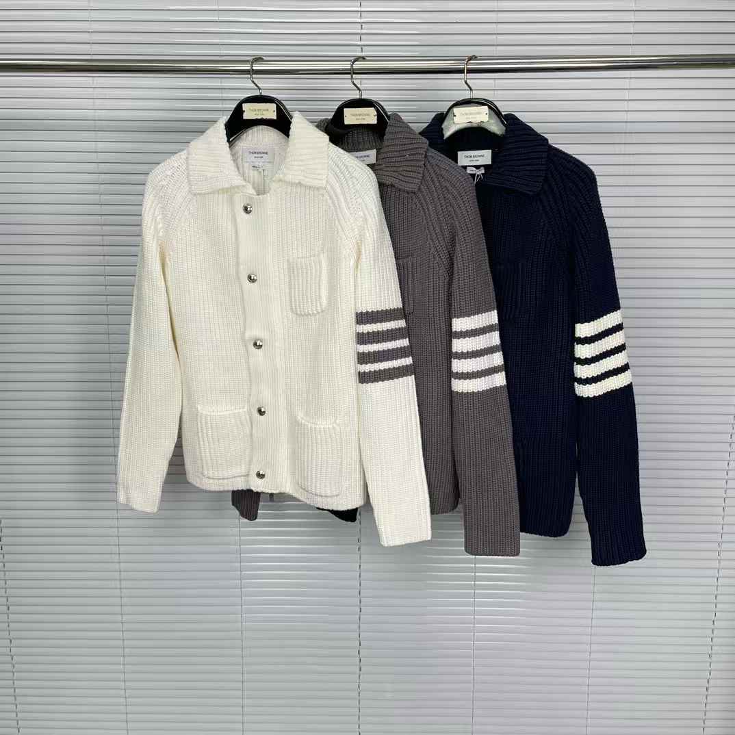 Thom Browne 4-Bar stripe knit collared cardigans in white, grey, and navy blue