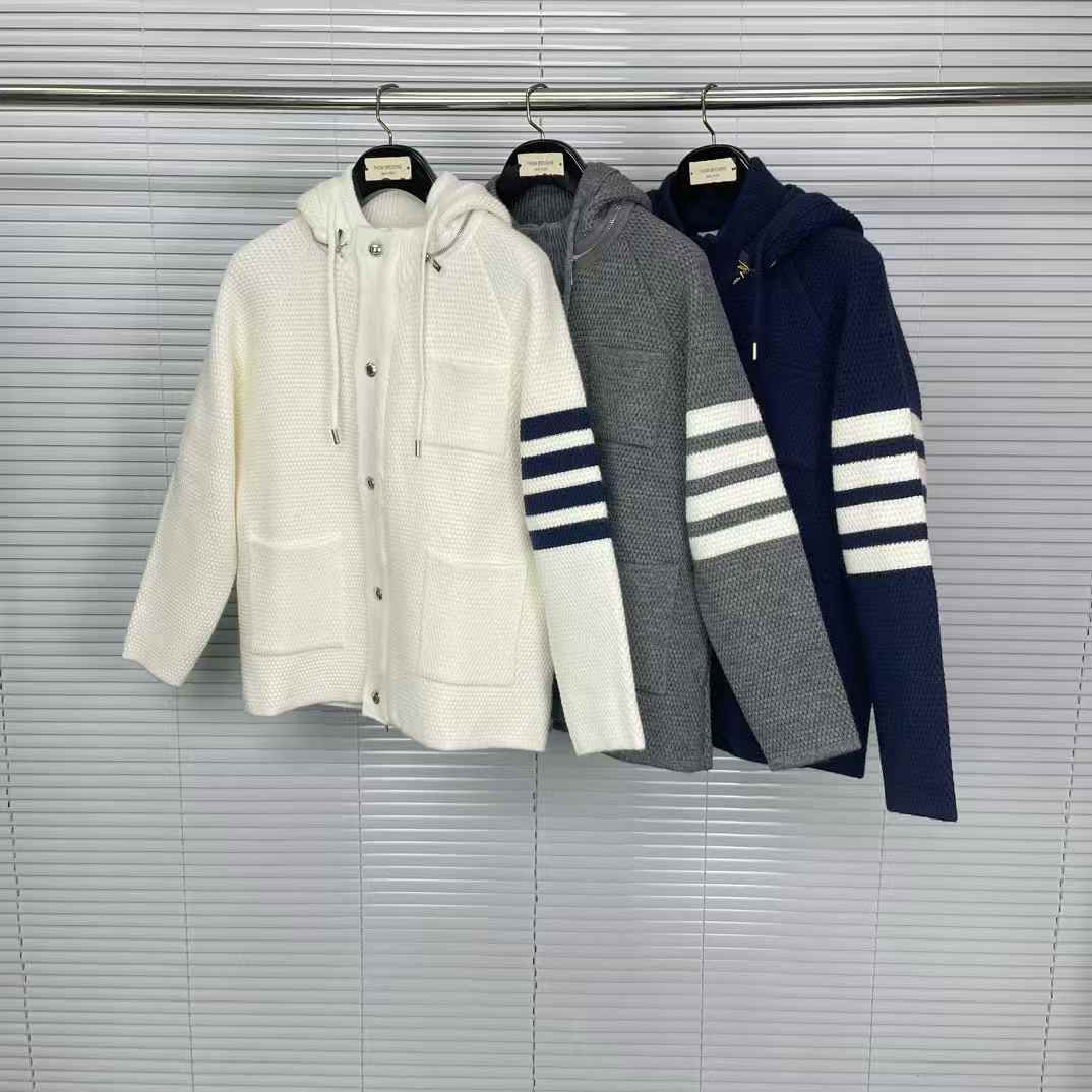 Thom Browne Classic Loopback 4-Bar Full Zip Hoodie in various colors, including white, grey, and navy