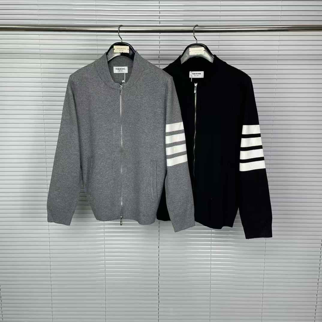 Thom Browne 4-Bar Stripe zip-up jumpers merino wool or cotton loopback fabric in grey and black