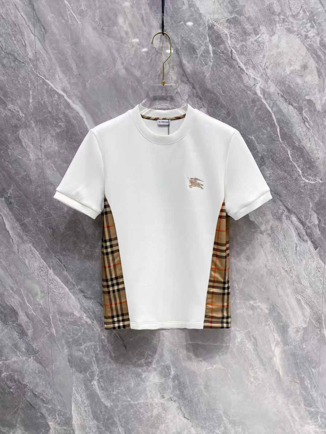 Burberry Check Cotton T-shirt with a white jersey texture and the signature check pattern on the side panels and inner collar