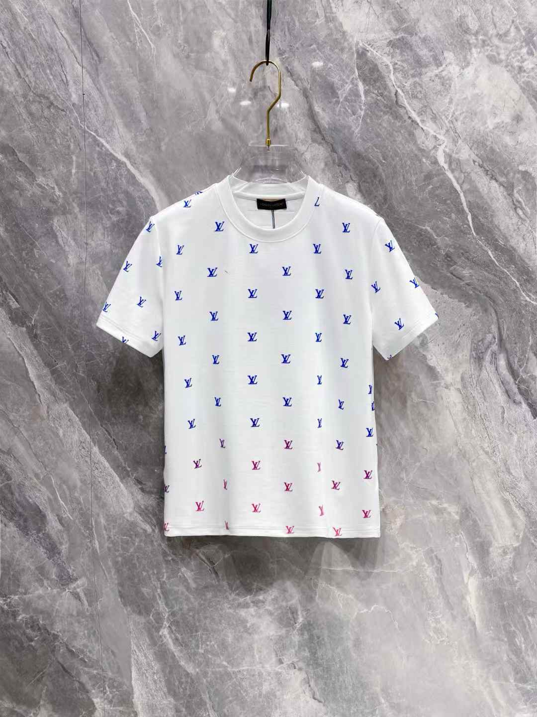LV white logo full-print cotton crewneck short-sleeved T-shirt