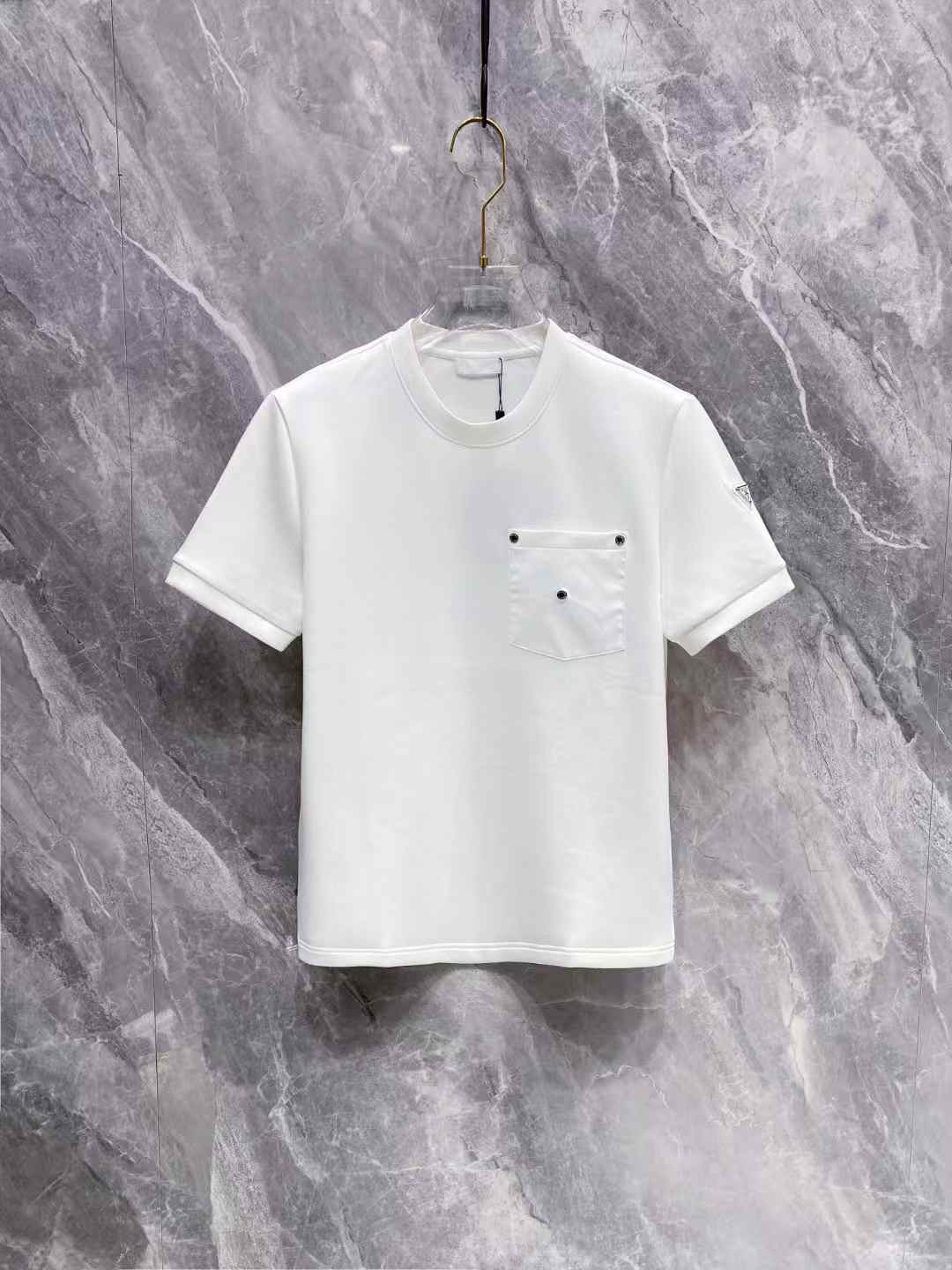 prada Men's Dalon T-Shirt in white cotton jersey with a signature logo accent on the chest pocket