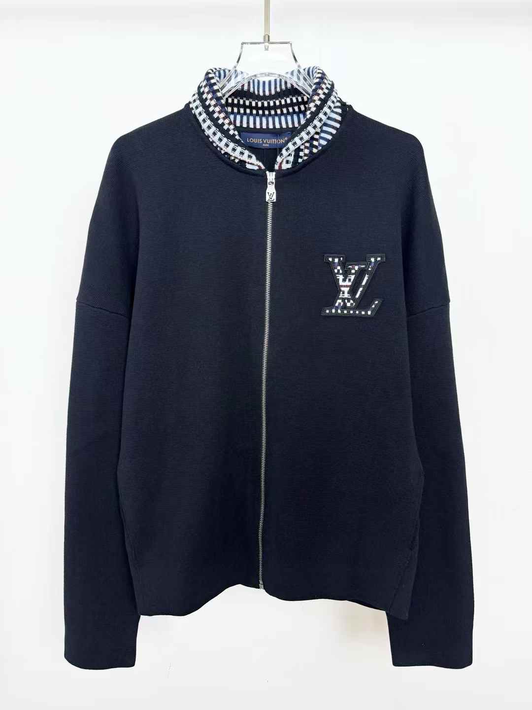 LV Knit Bomber jacket in black cotton with a checkered collar and embroidered LV patch