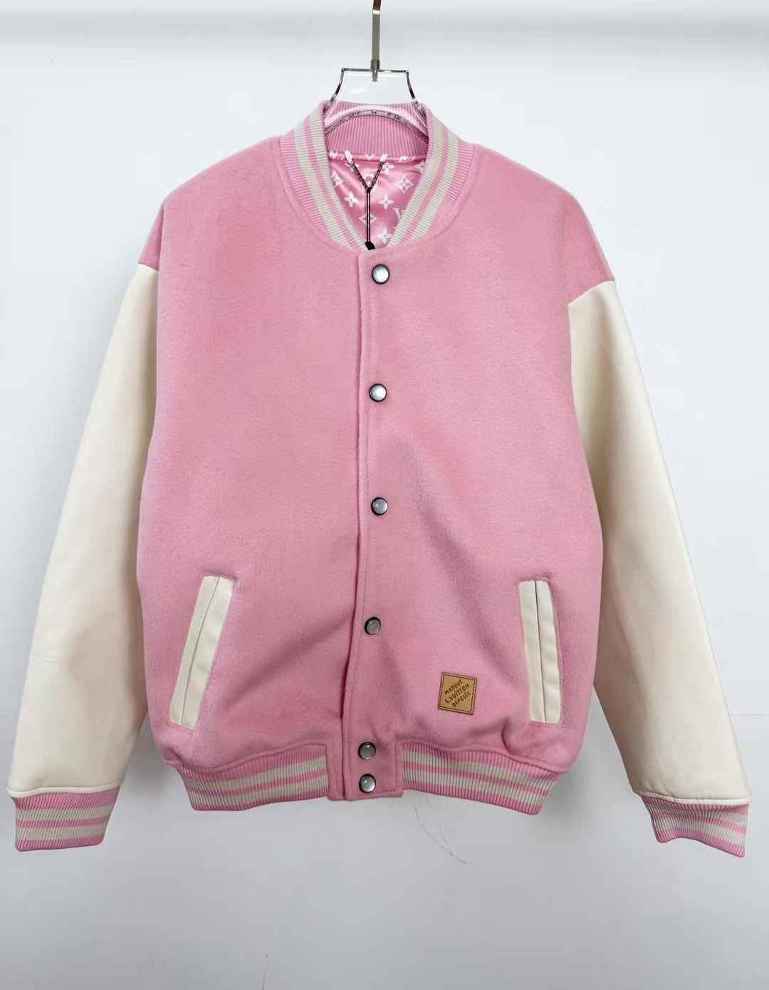 LV Signature Leather Varsity Jacket in pink with a tonal Monogram lining