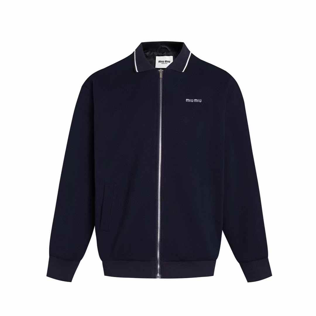 Miu Miu navy blue logo-embroidered bomber jacket