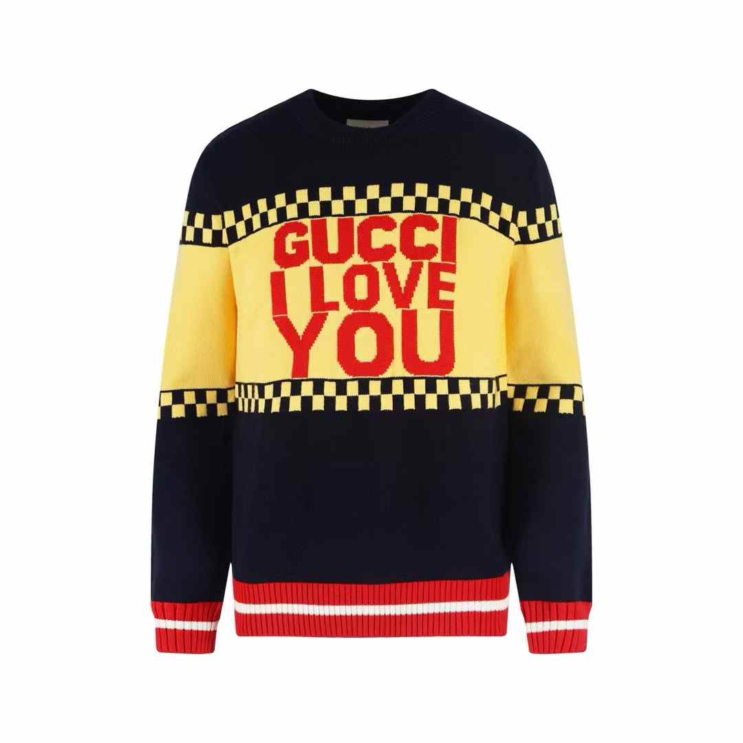 Gucci "I Love You" cotton wool jacquard sweater with a damier motif intarsia and red/white striped trim