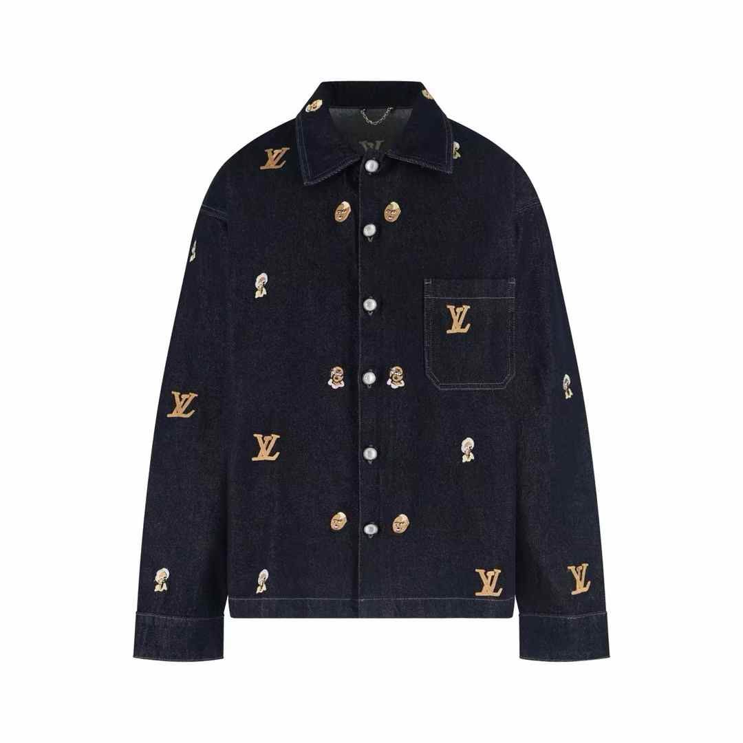 LV x Henry Taylor Embroidered Denim Overshirt in indigo denim with embroidered portraits and pearl and rivet buttons