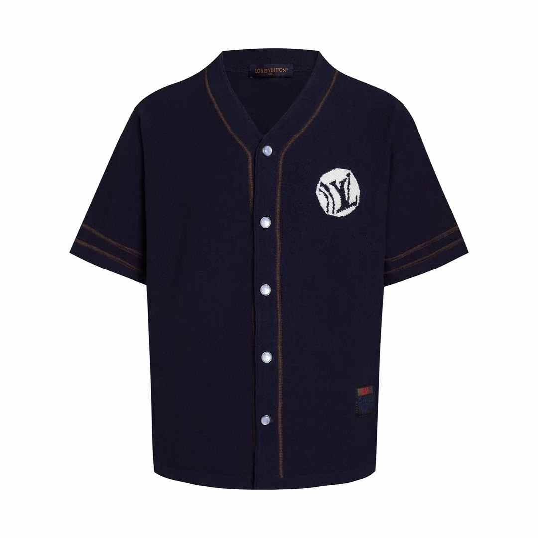 LV Knitted Short-Sleeved Baseball Shirt in navy blue