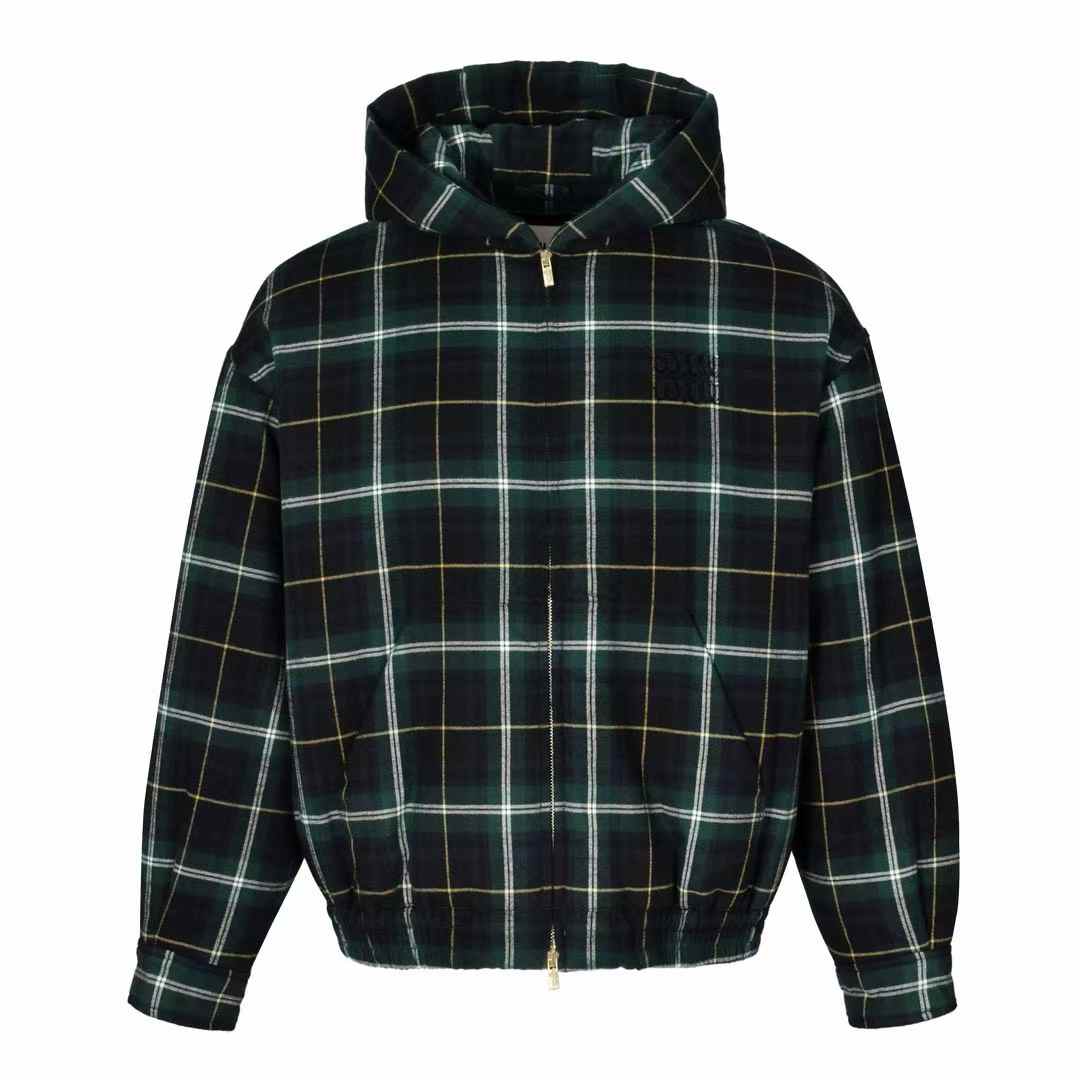 Miu Miu Plaid Zip-Up Hooded Jacket
