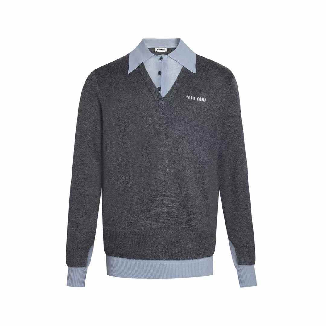 Miu Miu Slate Gray Wool and Cashmere Polo Sweater