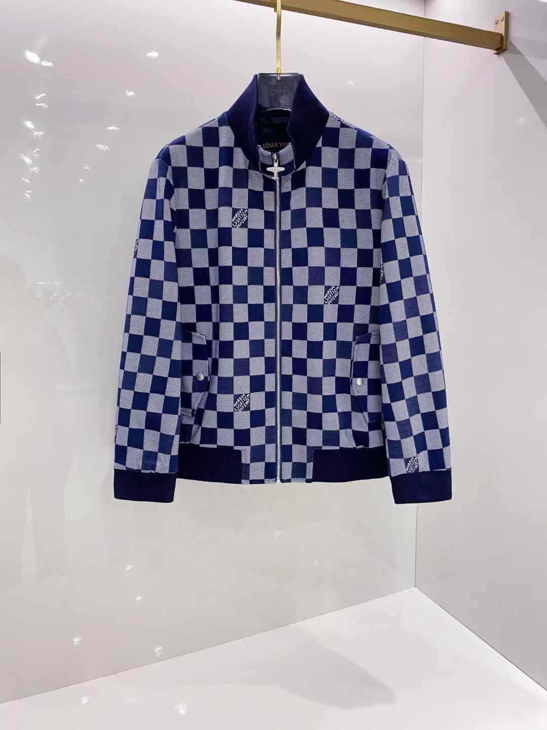 LV blue and grey checkered pattern zip-up jacket