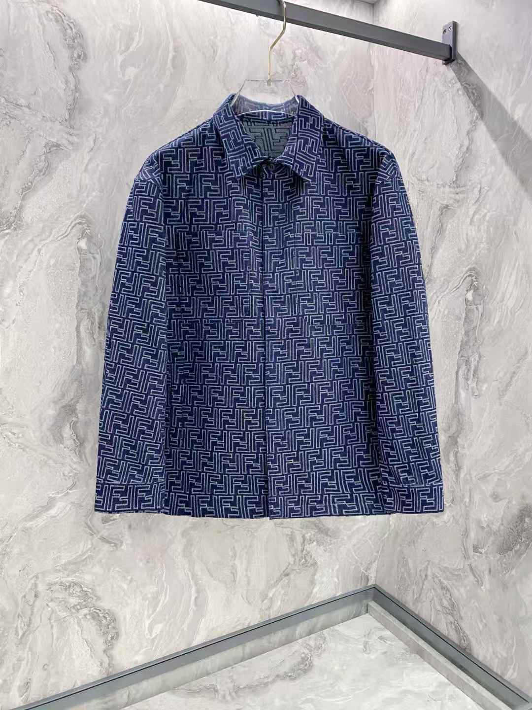 Fendi Navy blue all-over FF jacquard denim jacket.
