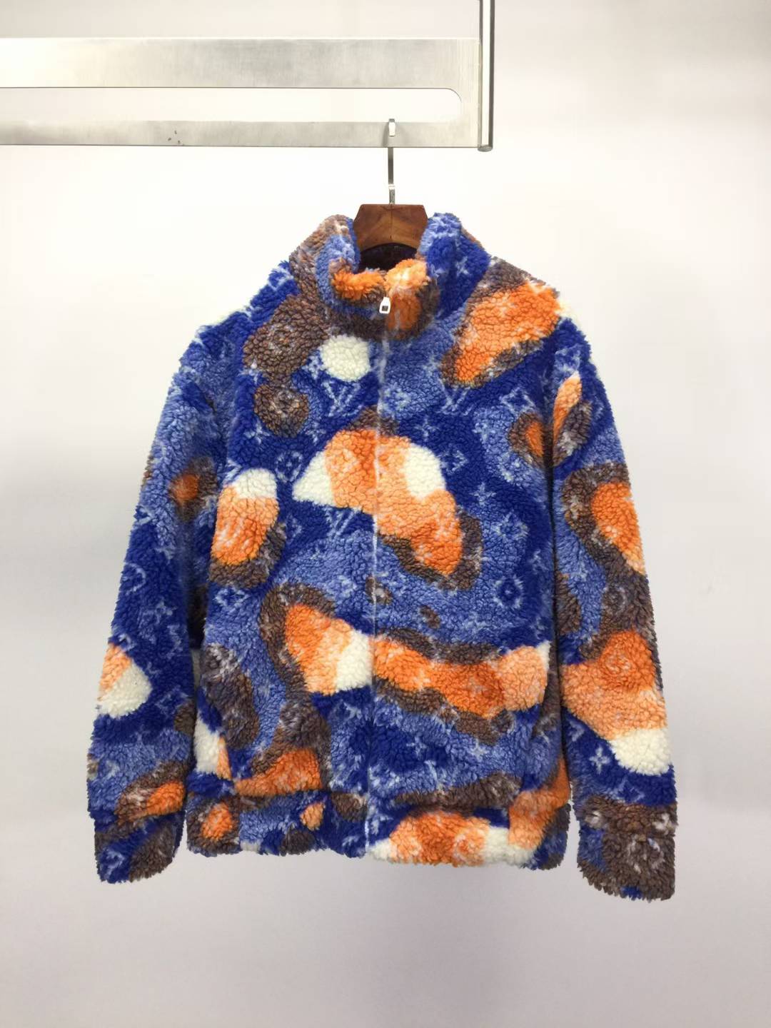 LV Jacquard Camo Fleece Blouson in blue, orange, and white