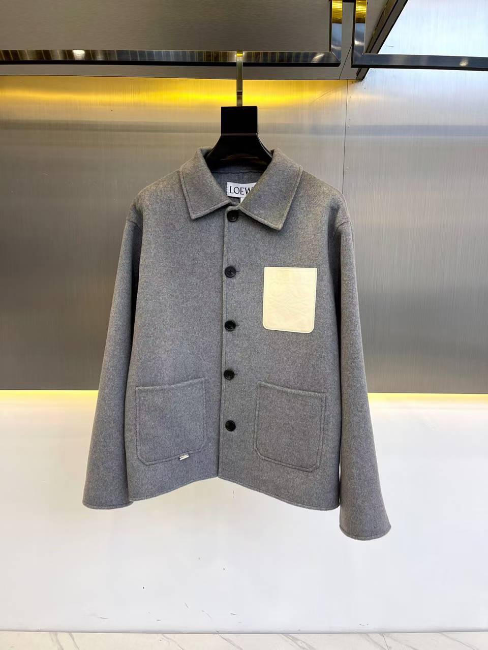 Loewe Workwear jacket in a grey wool and cashmere blend with an Anagram-embossed leather chest patch pocket