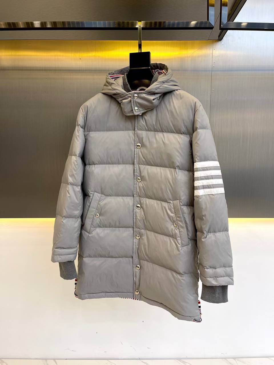 Thom Browne 4-Bar down hooded coat in grey