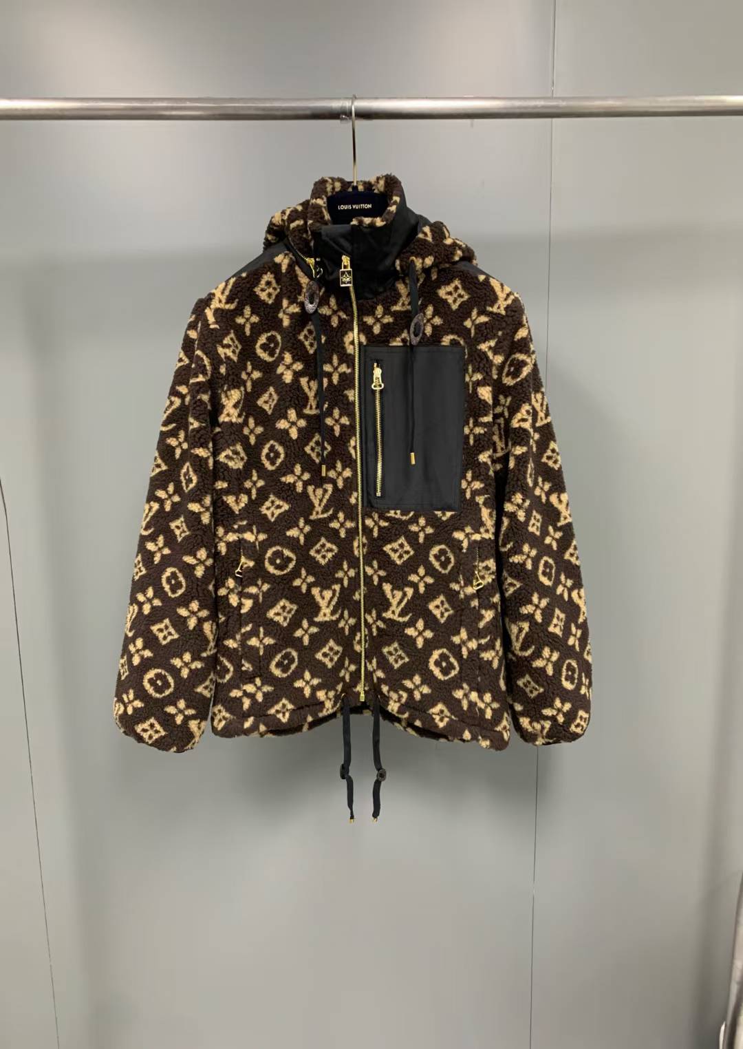 LV Monogram Fleece Hooded Jacket wool-blend fleece in a light brown color