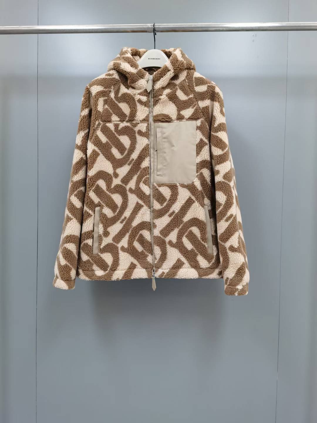 Burberry Monogram Fleece Jacquard Hooded Top in Soft Fawn.