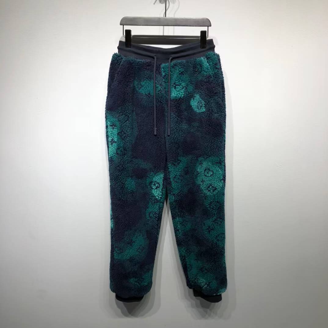 LV Monogram Camo Fleece Jog pants in a green and navy blue colorway