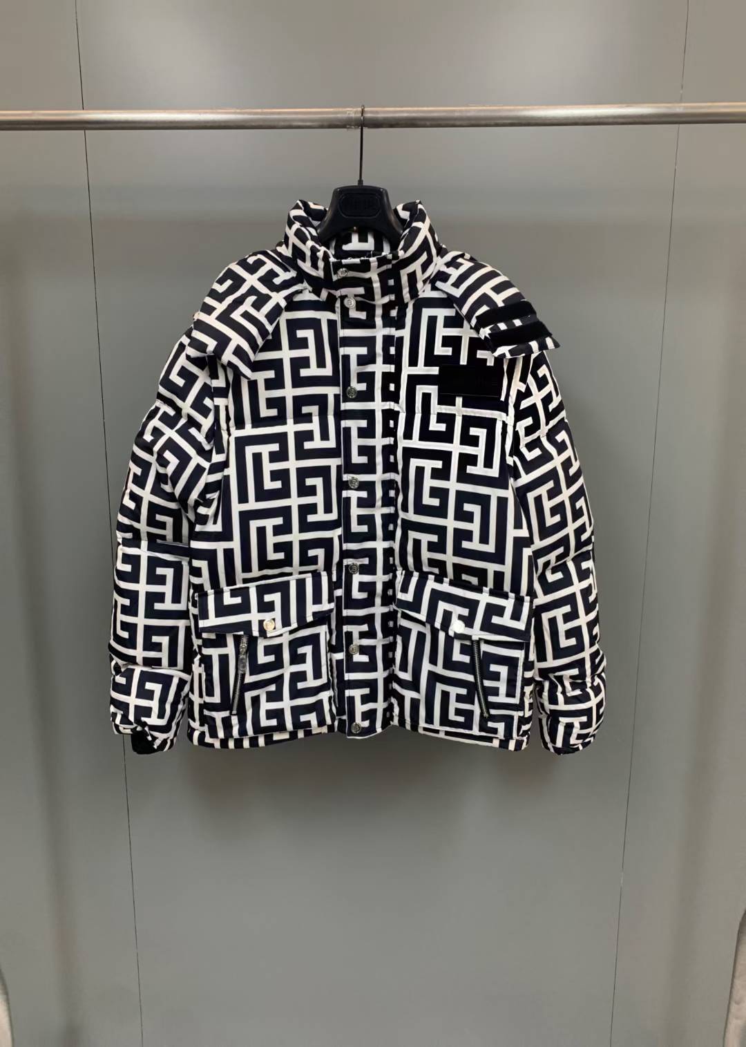 Balmain 2-In-1 Maxi Logo Monogram Quilted Jacket in black and white nylon