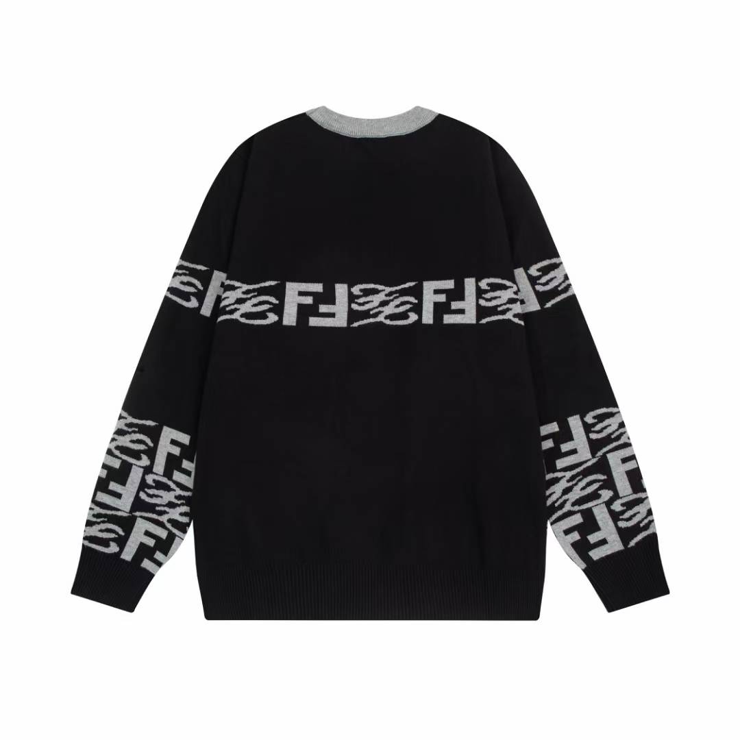 Fendi black wool blend crew-neck sweater with a gray FF logo jacquard design
