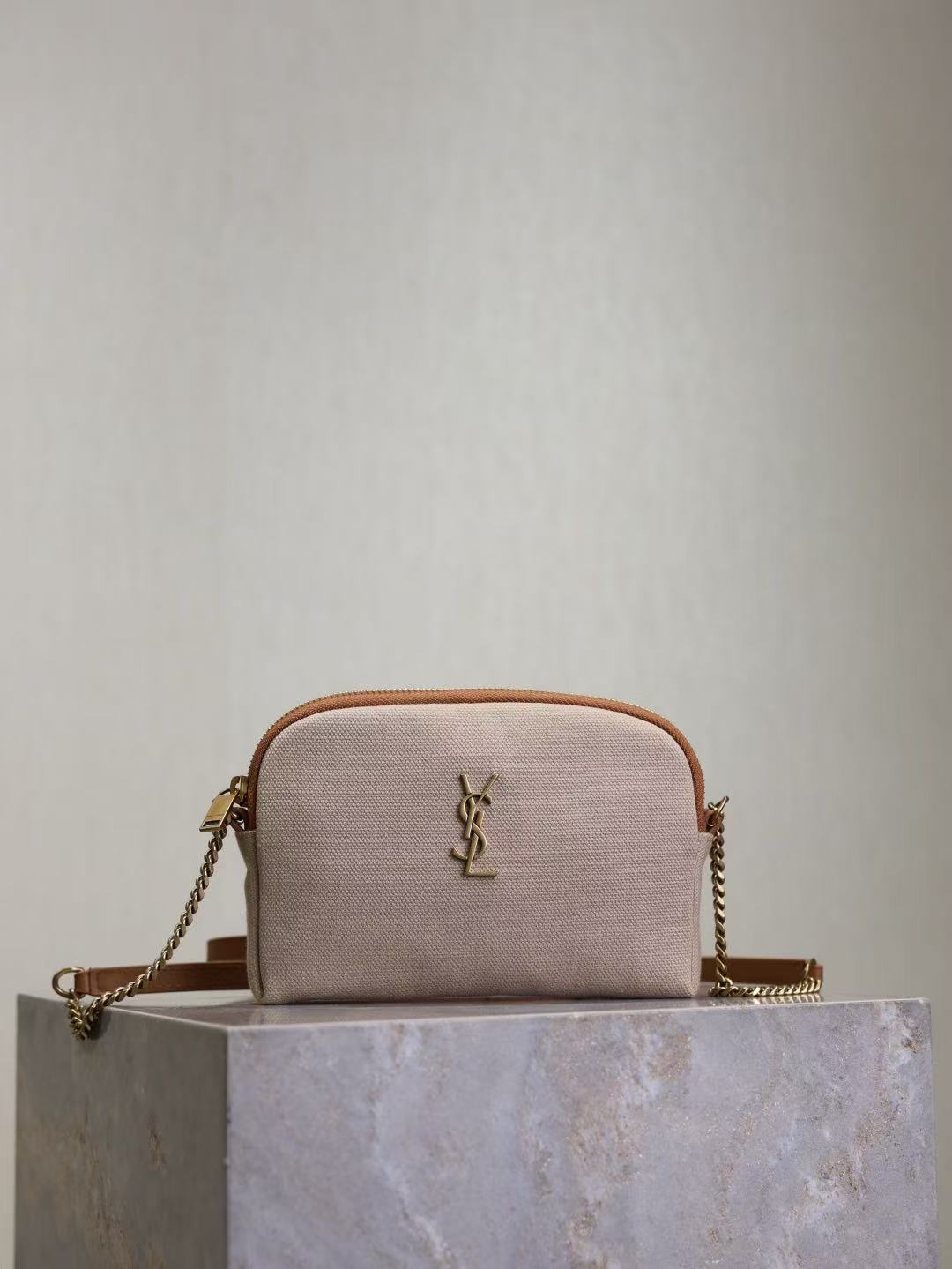 Saint Laurent Gaby mini leather-trimmed canvas shoulder bag in beige