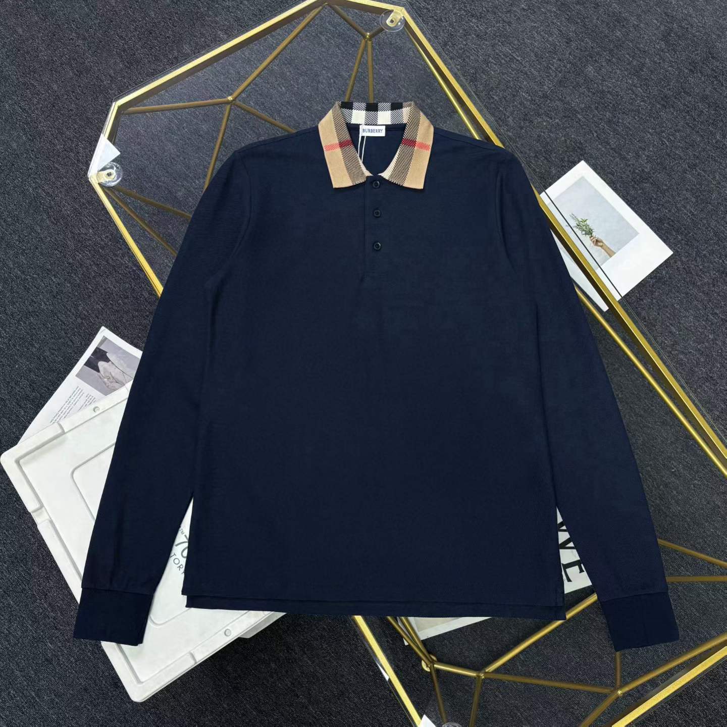 Burberry long-sleeve check collar cotton polo shirt in navy blue