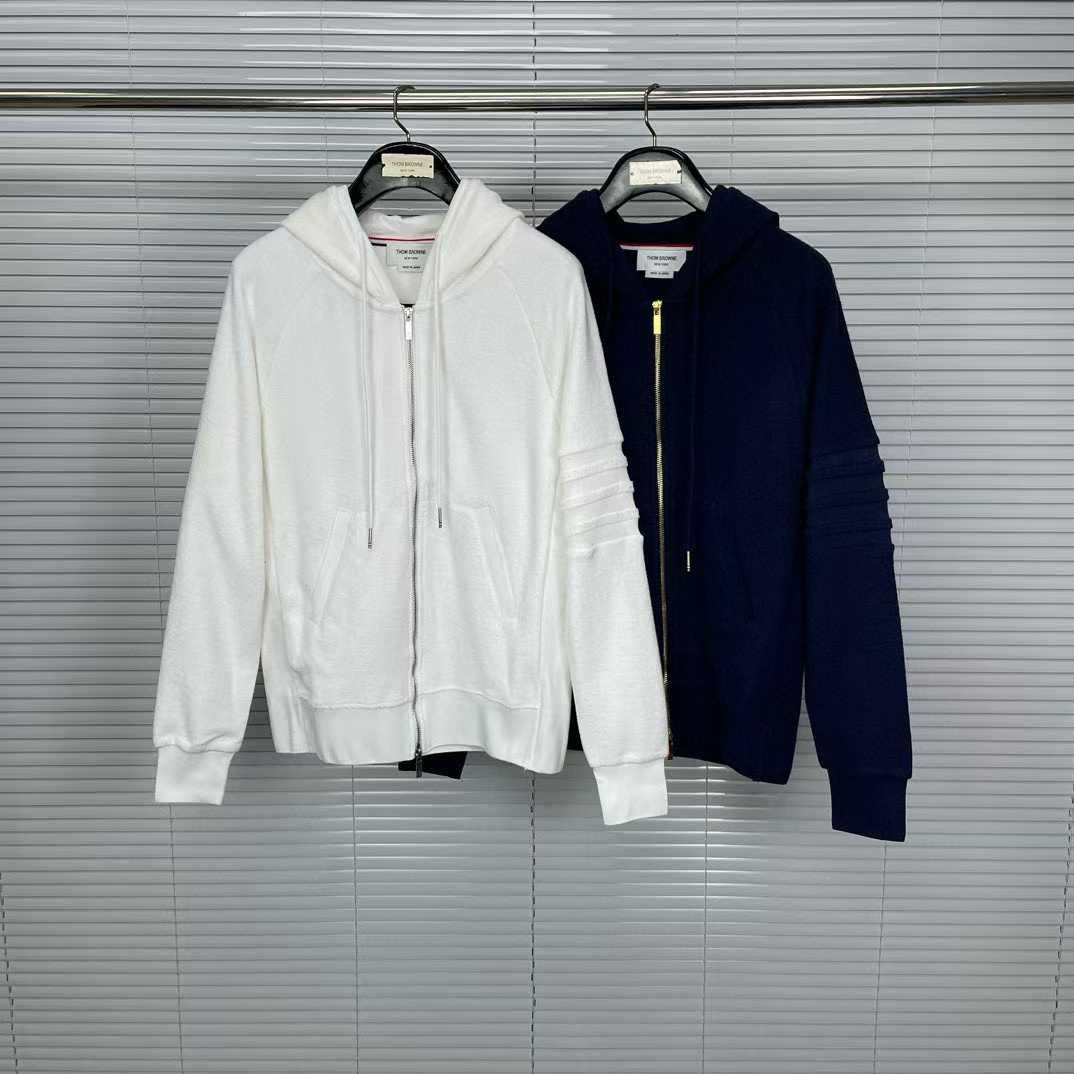Thom Browne Classic Loopback 4-Bar Full Zip Hoodies in white and navy blue