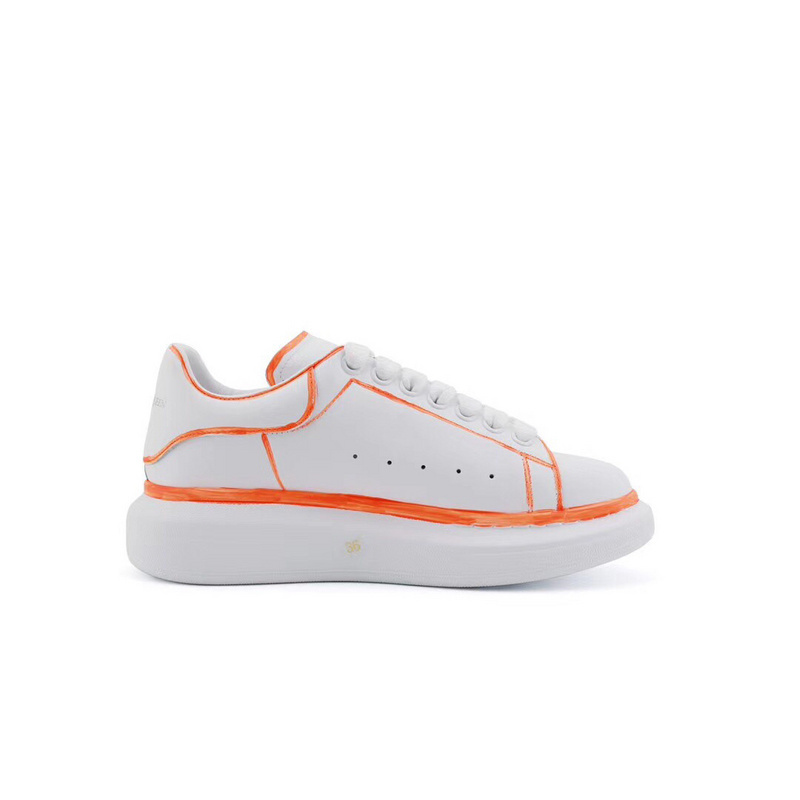 Alexander McQueen Oversized Sneaker in white smooth calf leather with a hand-painted orange trim and an oversized rubber sole