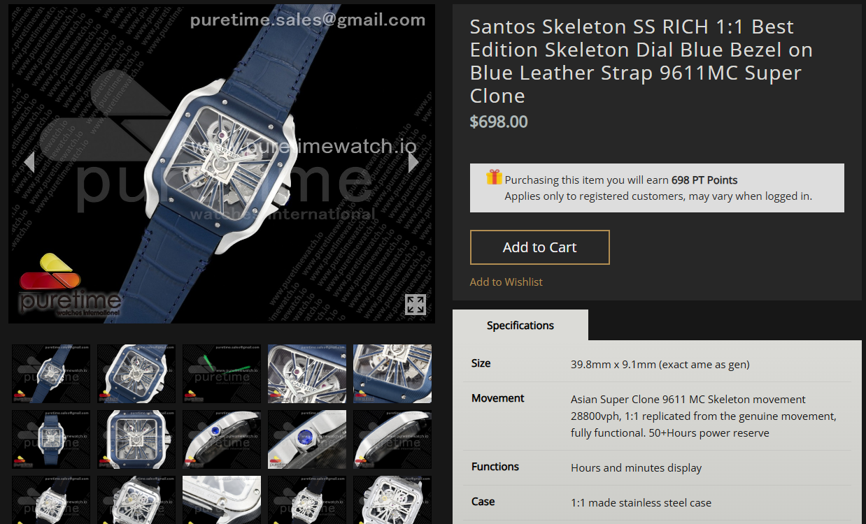 Santos Skeleton SS RICH 1:1 Best Edition Skeleton Dial Blue Bezel on Blue Leather Strap 9611MC Super Clone $698