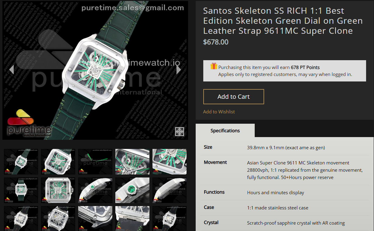 Santos Skeleton SS RICH 1:1 Best Edition Skeleton Green Dial on Green Leather Strap 9611MC Super Clone $678