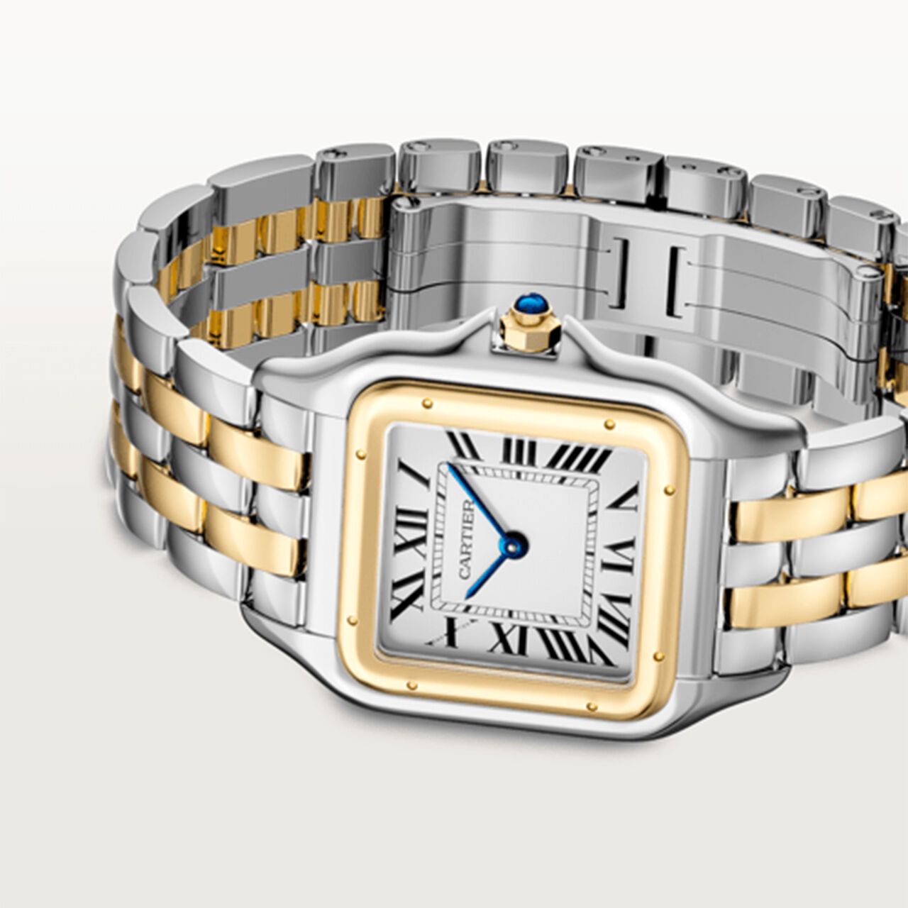 Cartier Panthère de Cartier watch with a stainless steel case and a yellow gold and steel bracelet.
