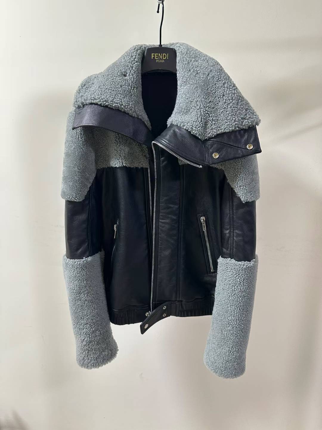 Rick Owens FW20 Performa Keith Shearling Jacket in black calf leather with grey lamb shearling sleeves and collar.