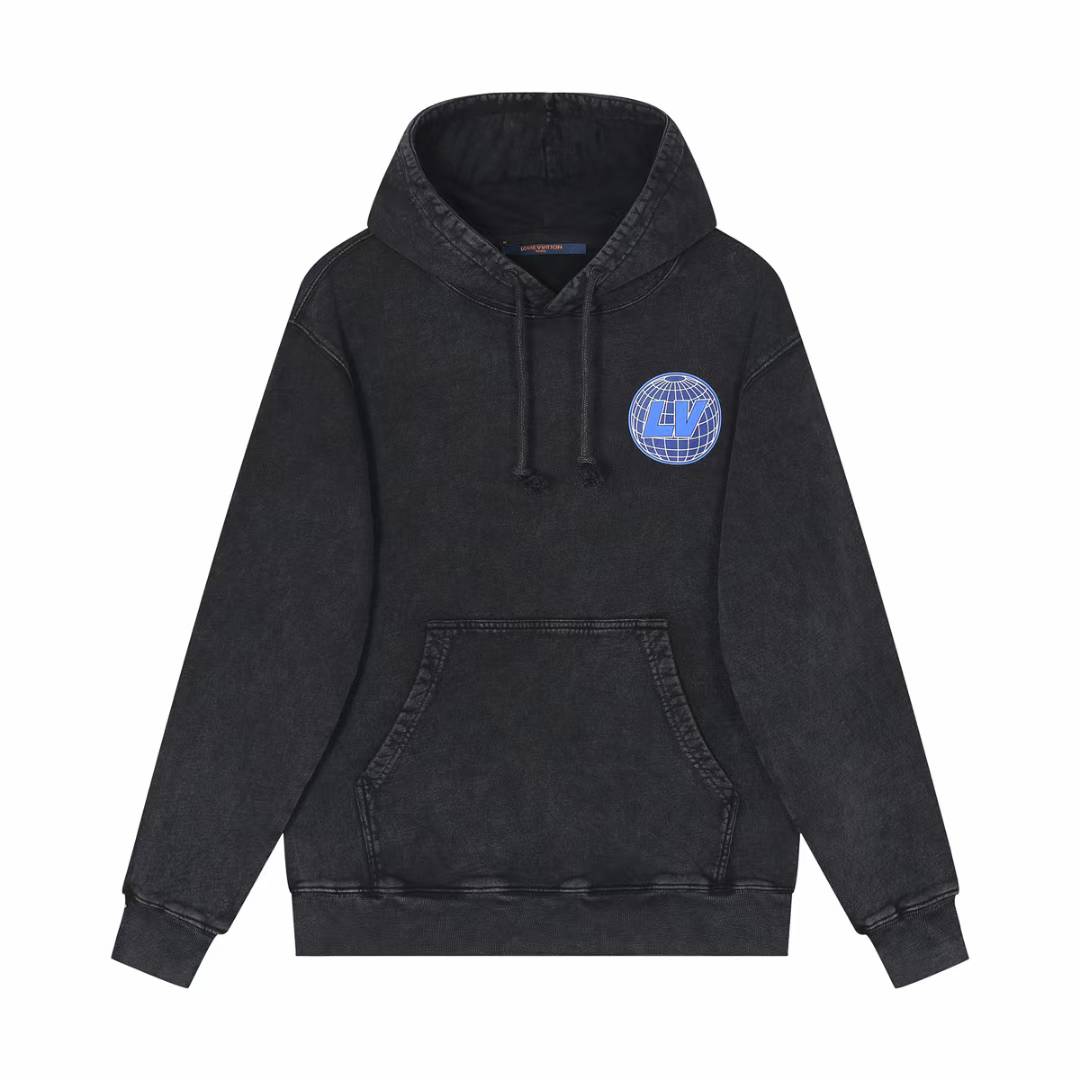 LV Logo-Print Fleece-Back Cotton-Jersey Hoodie in black