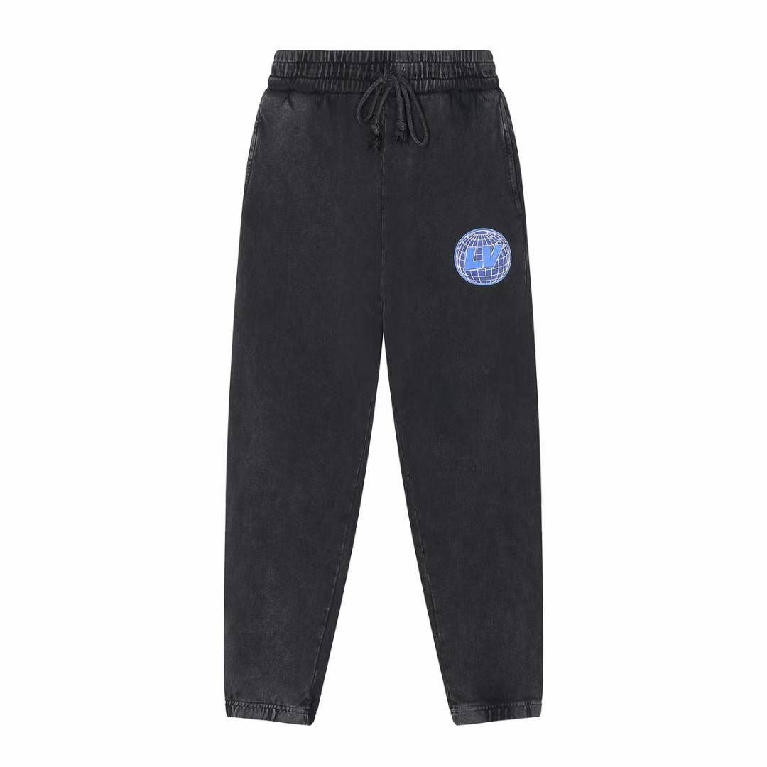 LV black washed sweat pants with a blue logo