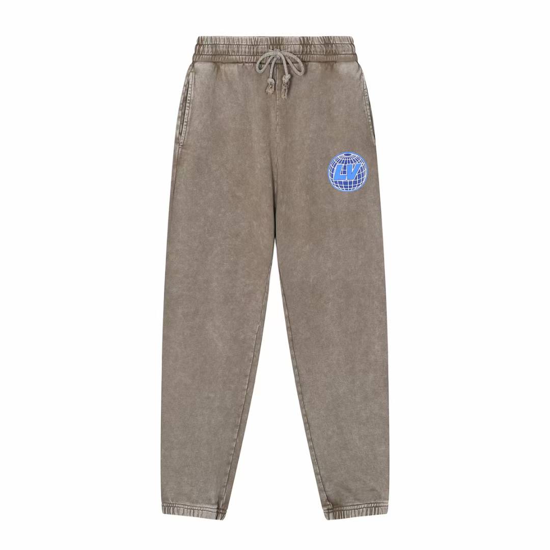 LV brown cotton blend joggers with a blue graphic logo on the upper right leg