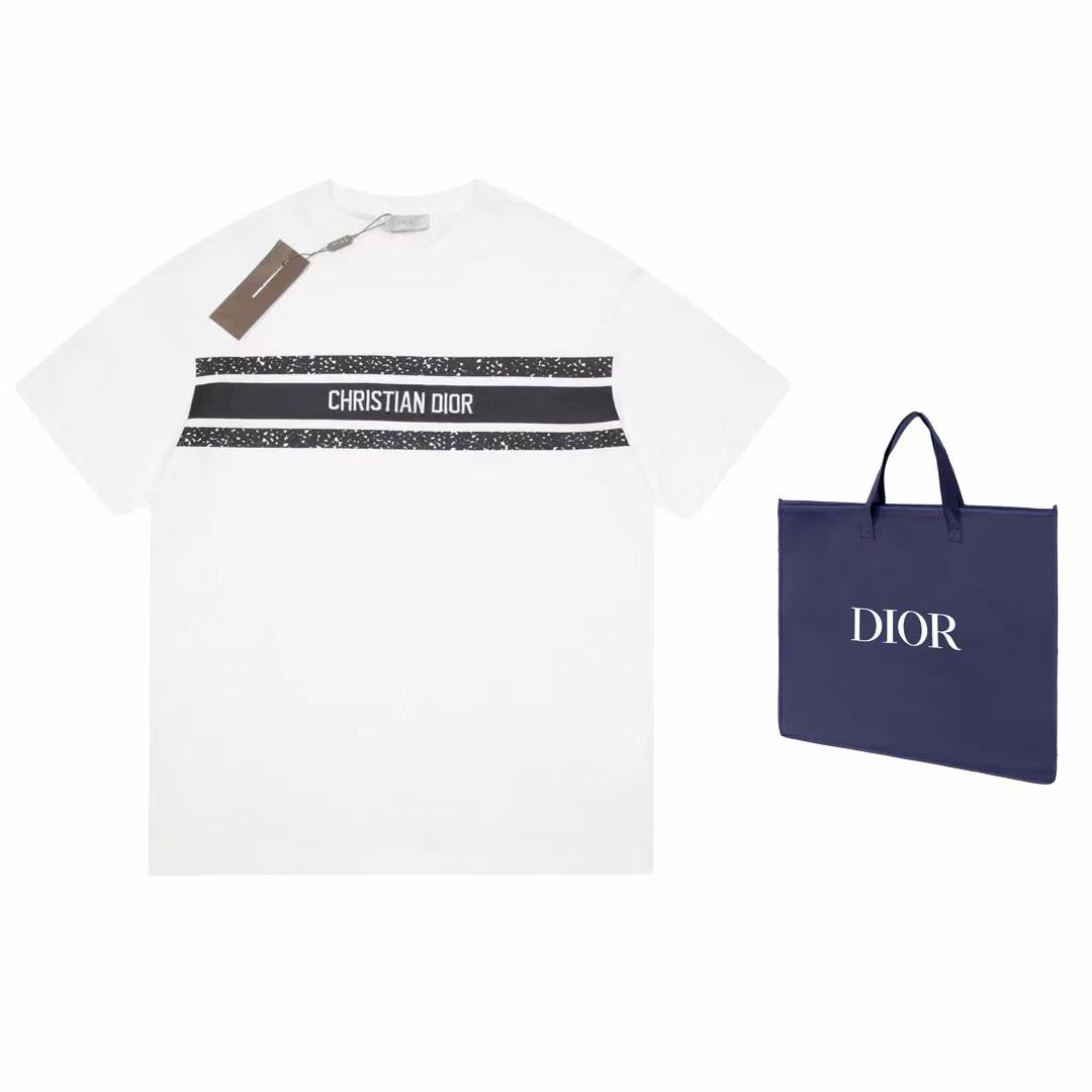 Christian Dior T-Shirt in white cotton jersey with a navy blue contrasting band