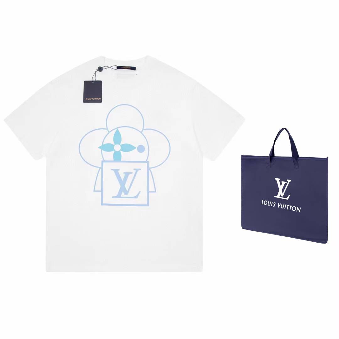 LV white short-sleeved T-shirt featuring a light blue monogram graphic print