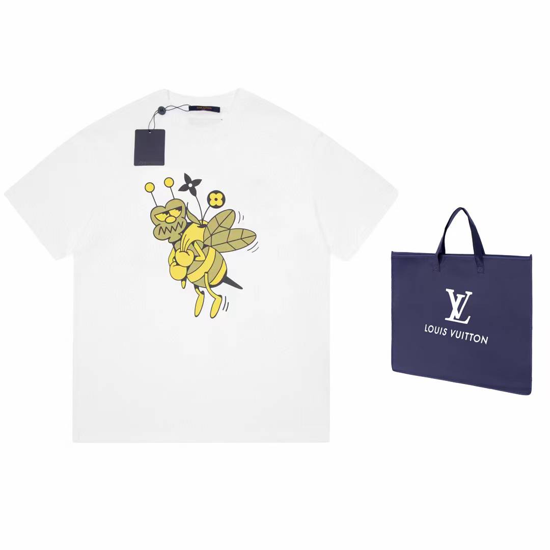 LV T-Shirt with Bee Embroidery in white cotton jersey