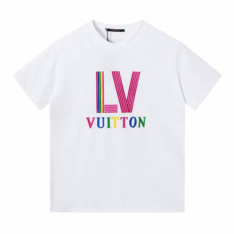 LV T-shirt with a rainbow-colored "LV" and "VUITTON" logo