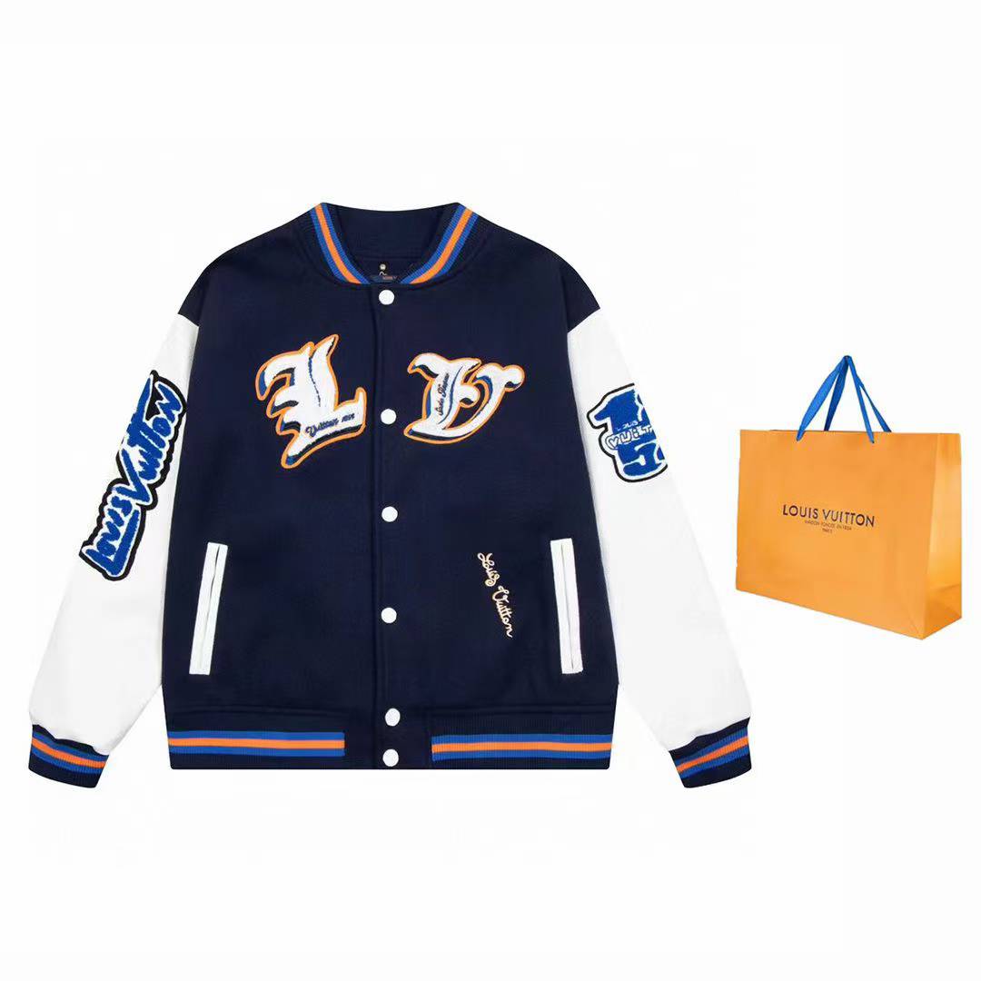 LV varsity jacket navy-blue wool body and white sleeves