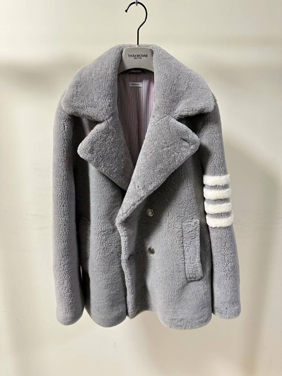 Thom Browne grey shearling 4-Bar peacoat