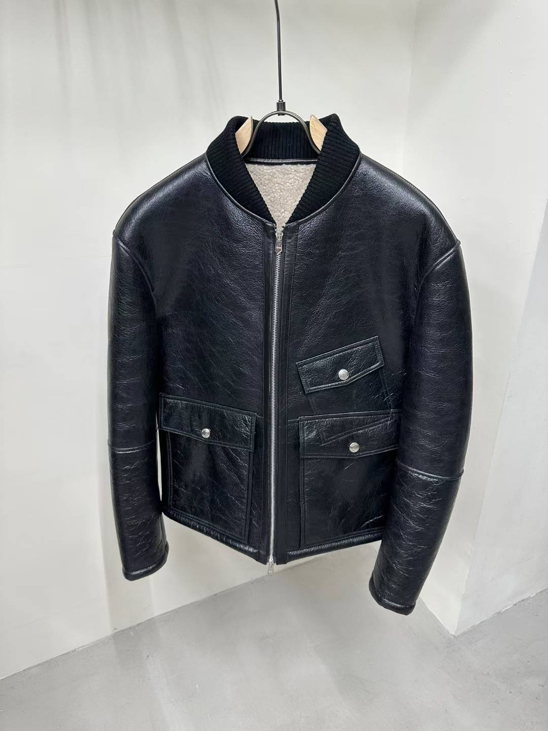 Hermes black shearling-lined leather bomber jacket