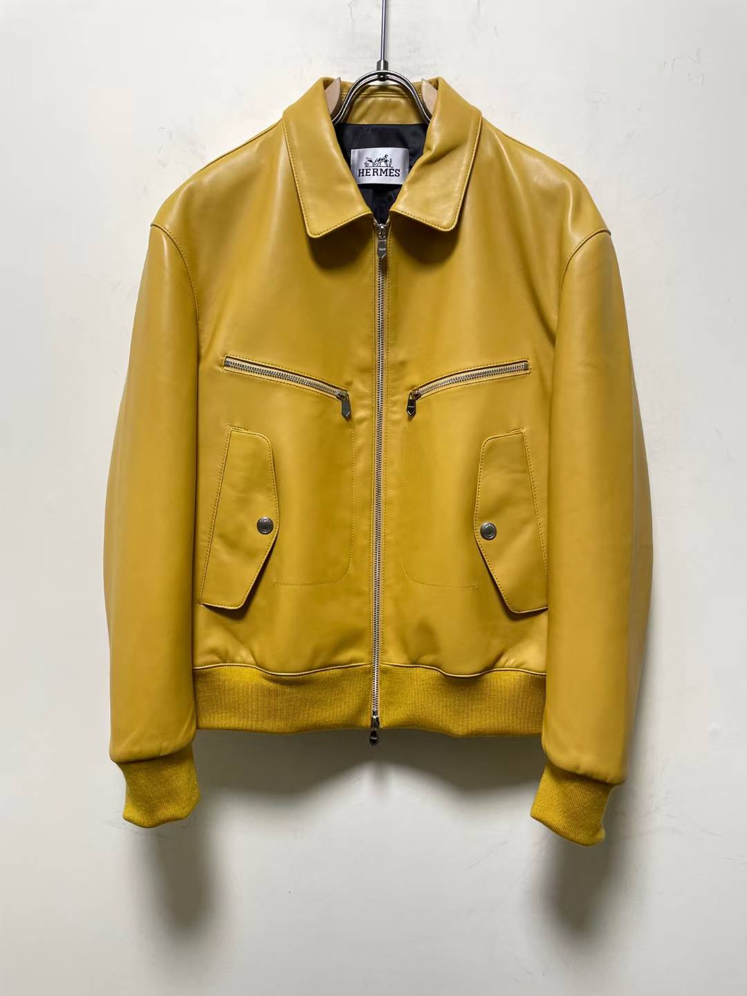 Hermes men's yellow rib-trim jacket with leather