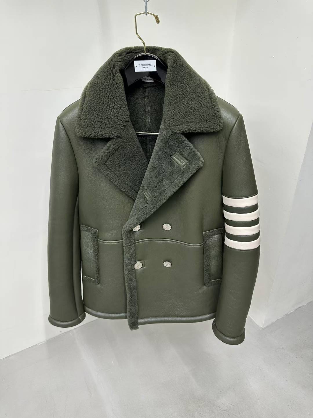 Thom Browne Shearling 4-Bar Unconstructed Peacoat in olive green