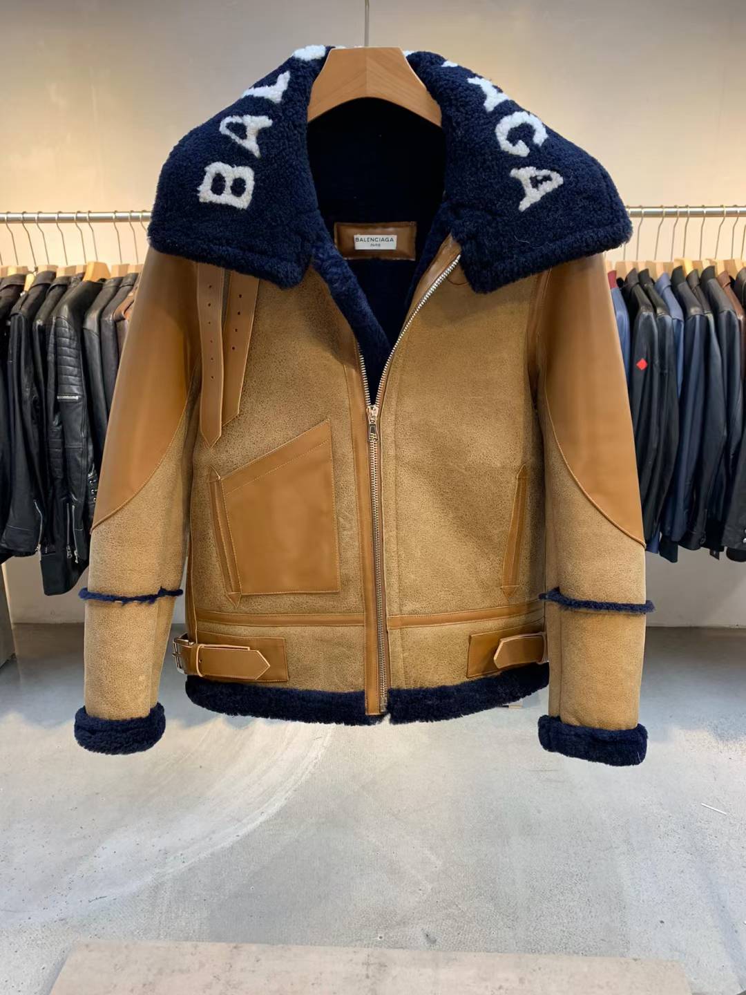 Balenciaga Collar Letter Shearling Jacket in brown with navy blue