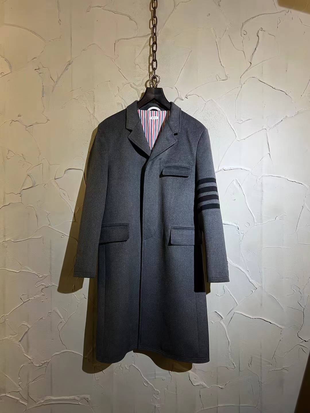 Thom Browne 4-Bar Stripe Single-Breasted Coat in grey wool