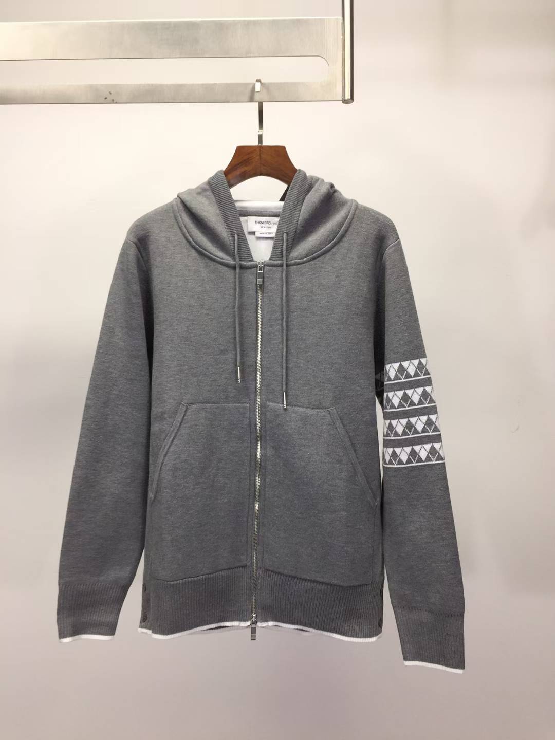 Thom Browne Sausage Dog Zip Hoodie in light grey stretch cotton